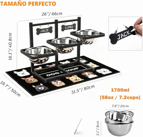 Vista 3 de Cuencos elevados para perros grandes, soporte elevado de 6 alturas ajustables con paspartú, dos tarjetas distintivas y tres cuencos de 57.5 fl oz