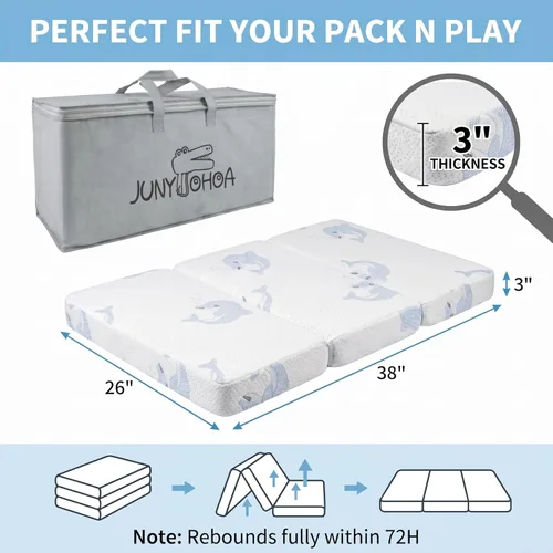 Vista 3 de Trifold Pack and Play Mattress (38"x26"x3") - Dual-Sided Soft & Firm Memory Foam Baby Mattress, Foldable Portable Crib Mattress with Carrying Bag