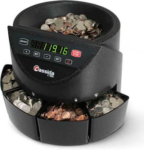 Cassida Clasificador/contador electrónico de monedas C100, monedas contables 1¢, 5¢, 10¢, 25¢, 250 monedas/min, 110 VAC