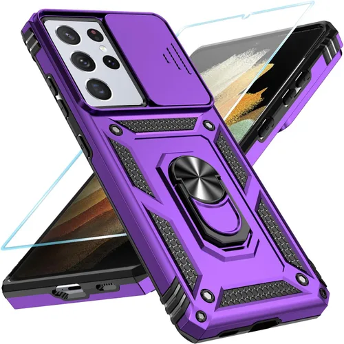 Vista 3 de SunStory Funda para Samsung Galaxy S21 con protector de pantalla HD, funda para cámara deslizante y soporte de anillo giratorio, grado militar