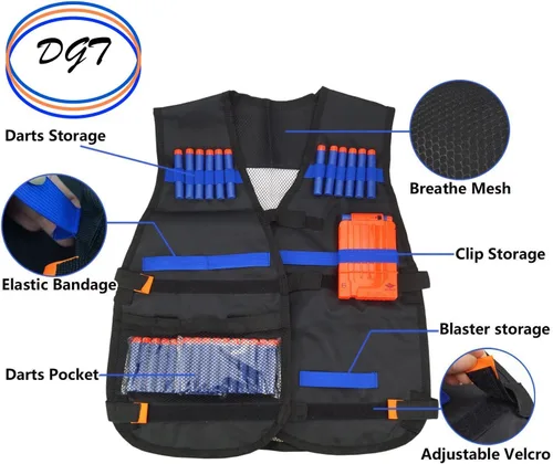 Chaleco táctico para niños, chaqueta compatible con Nerf con bolsillos y ranuras para juegos de guerra y disparos para niños, con 20 dardos de