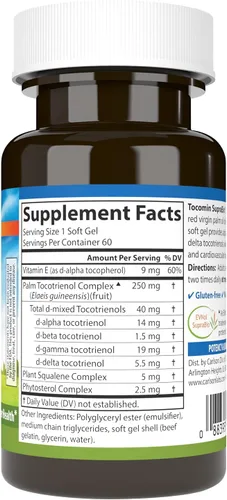 Vista 2 de Carlson - Tocomin SupraBio, Complejo Tocotrienol Bio-Mejorado, Apoya el Cerebro Saludable y el Sistema Cardiovascular, 60 geles blandos