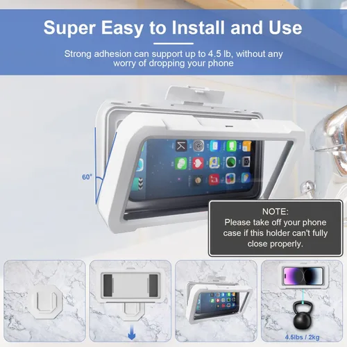 Vista 5 de URROY Soporte para Teléfono de Ducha Impermeable, Estuche para Teléfono de Ducha de Rotación 360°, Soporte Universal de Montaje en Pared de Alta