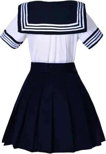 Vista 6 de Uniforme de manga corta para niñas de escuela japonesa, falda plisada azul marino, disfraz de anime con calcetines
