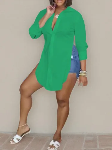 Vista 7 de LYANER Blusa larga con cuello en V para mujer, con botones en la parte delantera, manga larga, dobladillo con abertura