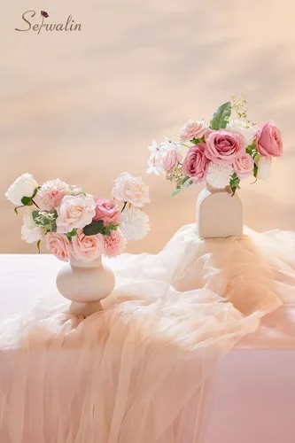 Vista 8 de Serwalin Flores artificiales, centros de mesa de flores rosas y blancas, decoración de boda para el hogar