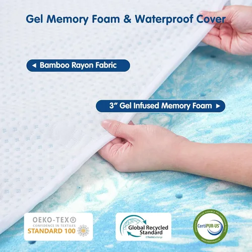 Vista 3 de CHUN YI 3 Inch Memory Foam Mattress Topper Queen, Cooling Ventilation Gel Bed Topper, High Density Mattress Pad for Pressure Relief with 21" Deep