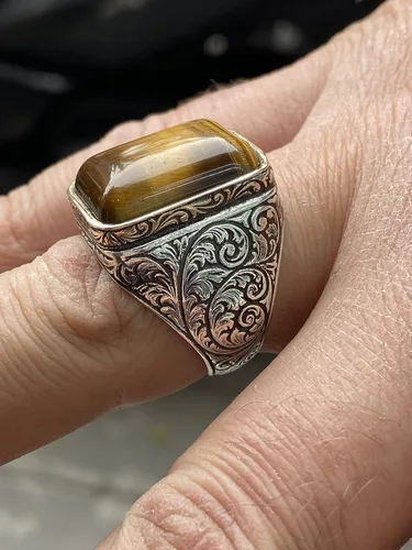 Vista 6 de Men Handmade Ring, Tiger Eye Stone Ring, Natural Tiger Eye Gemstone Ring, Turkısh Handmade 925k Sterling Silver Ring, Gift For Him
