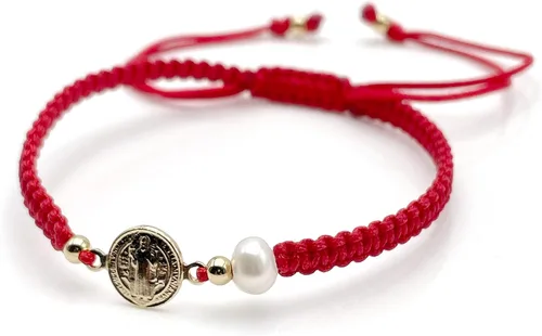 Vista 3 de Pulsera divina con medalla de San Benito y nácar de nailon rojo tejido ajustable para mujer