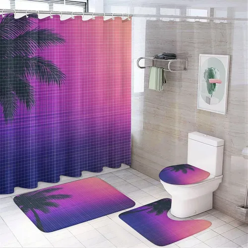 4 Pcs Abstract 80S Art Palm Leaves Shower Curtains,Modern Neon Grid Illustration Synthwave Anime Bathroom Set Shower Mat Shower Curtains Rug 12 Hooks