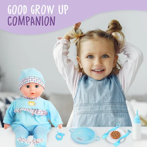 Vista 6 de Toy Choi's Muñeca de bebé interactiva, muñeca de alimentación que llora y habla de 16 pulgadas con diferentes sonidos y accesorios, juguetes Azul