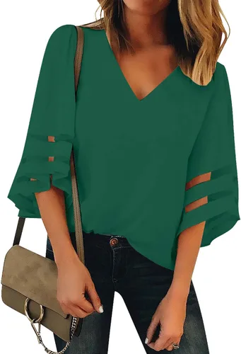 LookbookStore - Blusa para mujer con paneles de malla, cuello en V, mangas acampanadas 34 y corte holgado