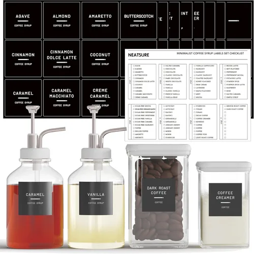 Neatsure 89 etiquetas de jarabe de café para accesorios de cafetería, calcomanías de café preimpresas minimalistas para estación de café, esenciales