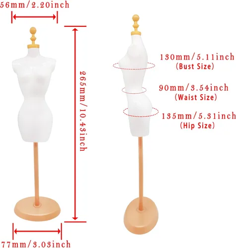 Vista 2 de Forma de vestido de maniquí de muñeca con soporte de base para diseño de ropa y exhibición de joyas de disfraces (oro blanco, 4 piezas)