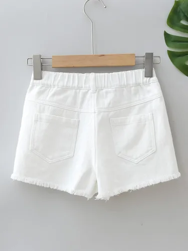 Vista 2 de OYOANGLE Pantalones cortos de mezclilla de pierna recta con dobladillo rasgado y bolsillo para niña