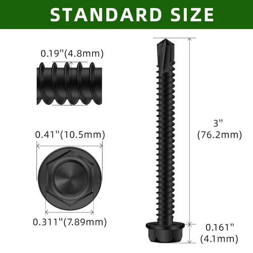 Vista 2 de Mellewell Tornillos autoperforantes de cabeza hexagonal #10 x 3, tornillos autoperforantes de acero inoxidable 410, acabado negro, 50