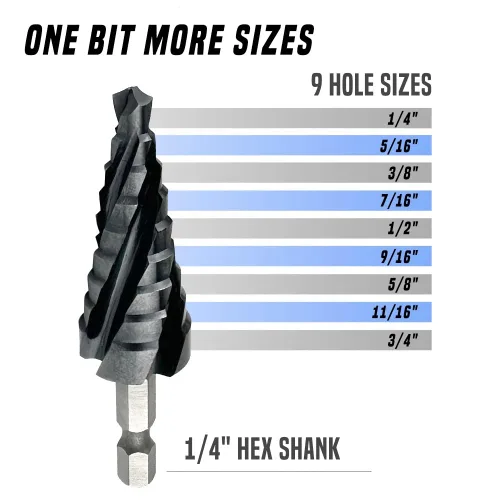 Vista 2 de Broca escalonada de cuatro canales helicoidales, 1/4" - 3/4" (9 tamaños), vástago hexagonal de 1/4", broca escalonada de cobalto totalmente