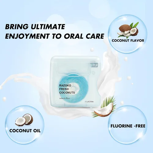 Vista 3 de Hilo dental tejido con infusión de aceite de coco, vegano y libre de crueldad, suministro de coco para 2 meses (33 yardas x 1 unidad)