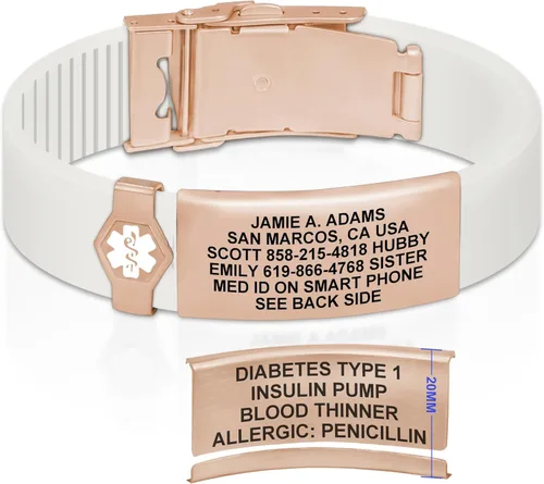Vista 143 de Divoti Pulsera de identificación de alerta médica grabada personalizada, grabado láser de doble cara (hasta 9 líneas), pulsera de silicona ajustable