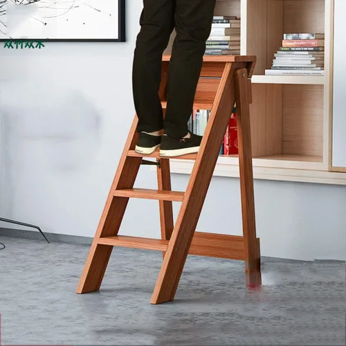 Vista 5 de Escalera de madera de 5 niveles, taburete plegable para el hogar, estante de almacenamiento multiusos para flores, escalera de escalera
