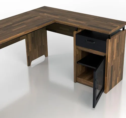 Vista 10 de 24/7 Shop at Home Deandre Farmhouse - Escritorio de computadora de madera en forma de L con 1 cajón con estante ajustable, puerta de gabinete