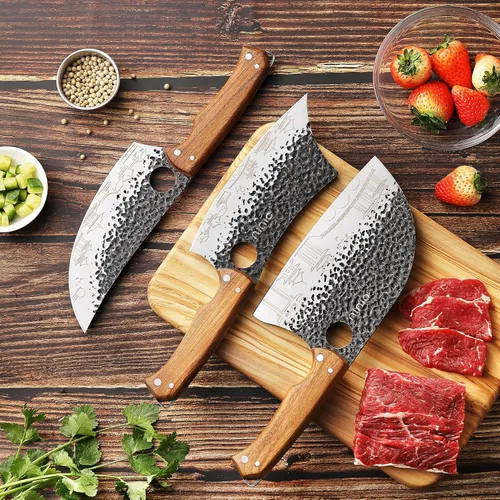 Vista 6 de OLULU Juego de 3 cuchillos de carnicero, cuchillo de carnicero de 7 pulgadas, cuchillo de chef serbio de 7 pulgadas y cuchillo vikingo de 6.5