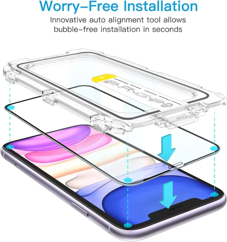 Vista 2 de JETech Protector de pantalla One Touch Install para iPhone 11/XR de 6.1 pulgadas, película de vidrio templado de cobertura completa, kit