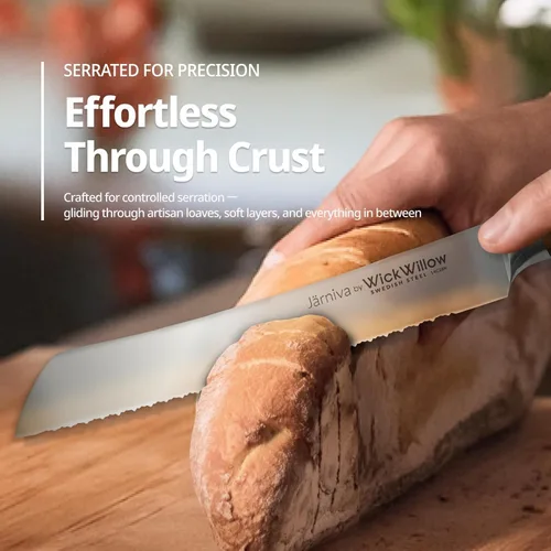 Vista 2 de WICKWILLOW Cuchillo para pan de 8 pulgadas, acero 14C28N con mango de madera de olivo italiano, cuchillo de doble dentado para masa madre y pan