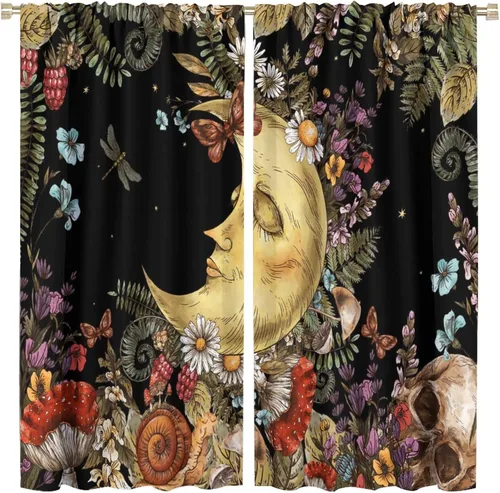 Cortinas opacas estilo bohemio, luna, vintage, sol y luna, calavera, hippie, hongo, floral, con bolsillo para barra, cortinas de ventana para sala
