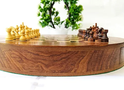 Vista 6 de Acecrafts Handmade Round Chess Board Set of Indian Rosewood Magnetic 32 Pieces Portable Book Style Design Chess Set with Storage Anti-Scratching