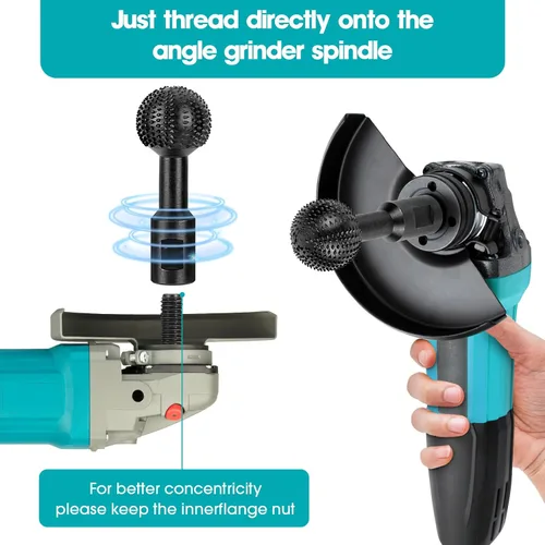 Vista 3 de BLEKOO 2 rebabas rotativas de esfera con roscas de 5/8-11, herramientas de tallado de madera para amoladora angular de 4 1/2 y 5 pulgadas
