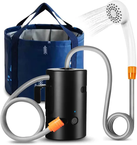 Ducha portátil para campamento, 4400 mAh, recargable por USB, IPX7, impermeable, bomba de ducha con batería + cubo plegable para campamento
