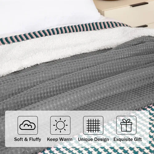 Vista 4 de downluxe Manta Sherpa para sofá, manta suave de punto gofre grueso gris para sofá y cama, 50 x 60 pulgadas