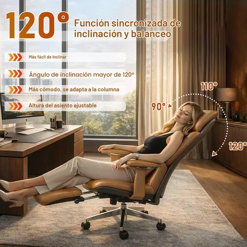Vista 4 de Silla de oficina ergonómica de cuero genuino con reposapiés de Marrón
