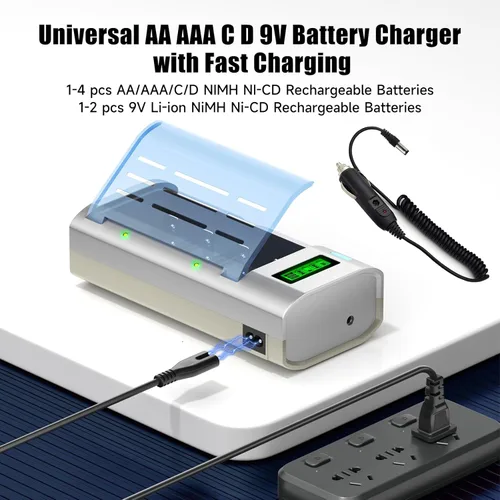 Vista 5 de Paquete de 6 baterías recargables C 1.2 V 4000 mAh NiMH con cargador de batería LCD universal para AA AAA C D 9V NiMH NiCD batería recargable