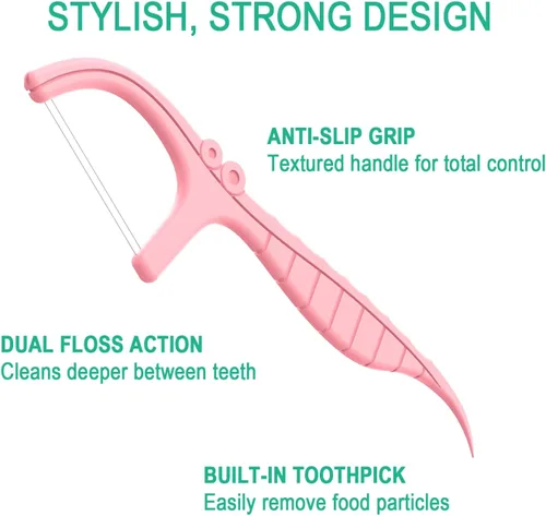 Vista 3 de Pink Push-Pop - Dispensador de púas de hilo dental con recipiente de recarga de 200 unidades, hilo dental de menta de doble línea (300 en total)