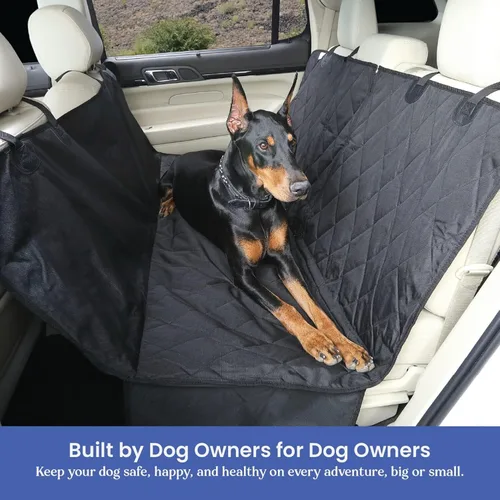 Vista 4 de Funda para asiento trasero de automóvil con hamaca para perros. Viene con cortes para los cinturones de seguridad 60/40, Extra grande, Negro