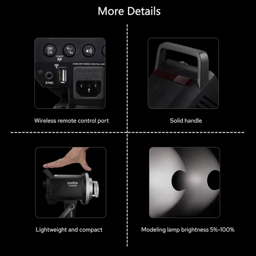 Vista 7 de Godox MS300V MS300-V Luz de flash estroboscópica compacta de estudio, flash portátil de fotografía 300W 110V, sistema 2.4G X, lámpara de modelado