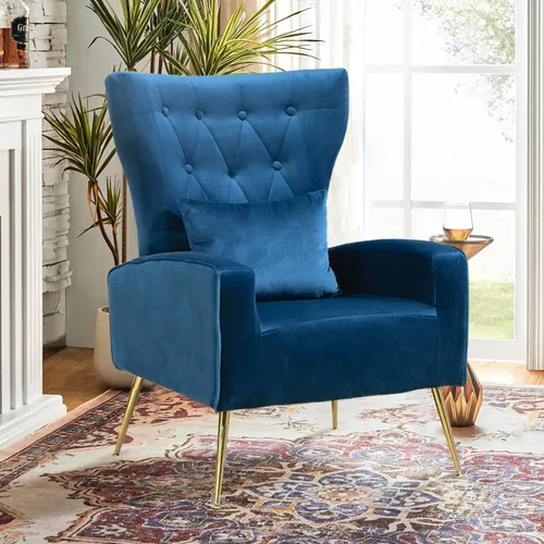 Vista 14 de Sillas decorativas de terciopelo con respaldo de ala y almohada lumbar, sillón moderno para sala de estar, dormitorio, silla auxiliar de recepción