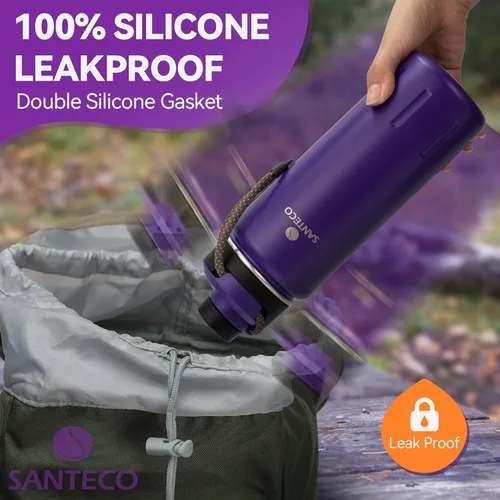 Vista 7 de Santeco - Botellas de agua aisladas de 24 onzas, botella de acero inoxidable con cordón y tapa de boca ancha, a prueba de fugas, botella de agua