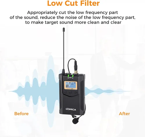 Vista 4 de Micrófono Lavalier inalámbrico, con bolsa de transporte, Comica CVM-WM100 PLUS UHF 48 canales Sistema de micrófono de doble solapa para cámaras