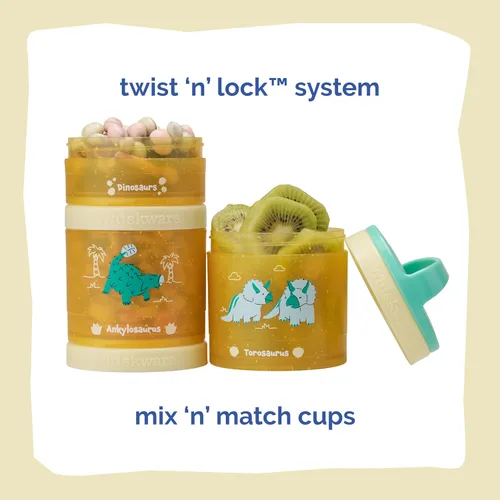 Vista 3 de Whiskware - Dinosaurios - Recipientes apilables para aperitivos para bebés, niños y niños pequeños, 3 vasos apilables para la escuela o el viaje