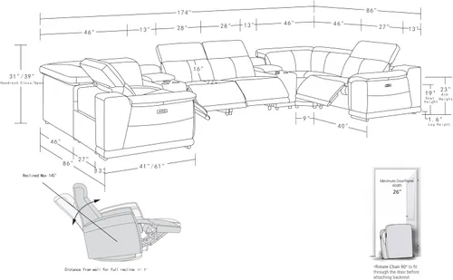 Vista 193 de BlackJack Furniture Venice - Sofá modular de cuero italiano de grano superior de 5 piezas con 3 reclinables eléctricos, reposacabezas ajustable