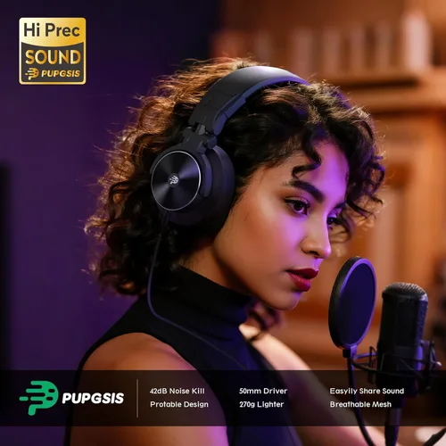 Vista 2 de Auriculares PUPGSIS Studio - Auriculares para DJ - Monitores de Audio de Grabación con Cable de 40kHz Hi-Res Estéreo - Jack de Audio de 1/4 a 3.5mm