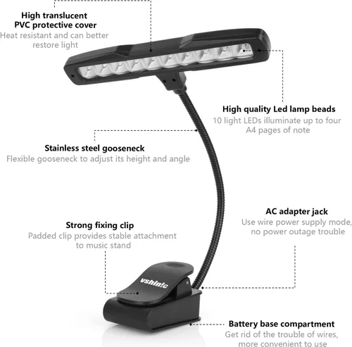 Vista 6 de Vshinic - Luz de soporte de música, 10 luces LED de orquesta con clip, totalmente ajustable, sin parpadeo para piano, lectura de libros, mesa