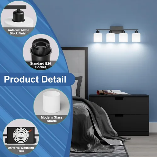 Vista 4 de Luces de tocador negras para baño, accesorios de iluminación de baño antioxidante de 4 luces sobre el espejo, apliques de pared modernos de 24