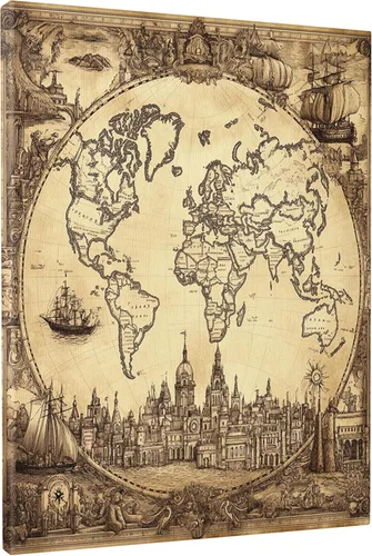 1 Piece Vintage World Map Nautical Canvas Prints Wall Art 8 * 12, Aesthetic Retro Vertical Wall Art for Living Room Bedroom, Big Small 70s Cool