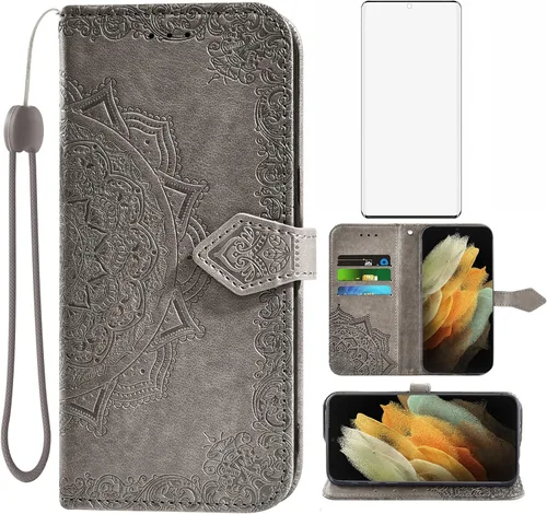 Asuwish Compatible con Samsung Galaxy S21 Ultra Glaxay S21ultra 5G - Funda tipo cartera de vidrio templado, protector de pantalla con tapa,