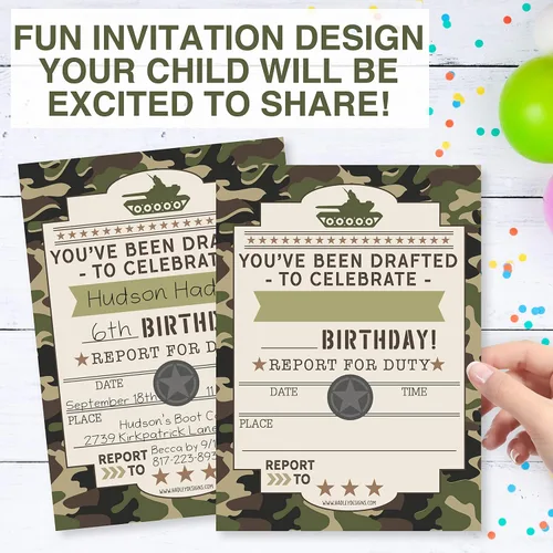 Vista 5 de 25 invitaciones de cumpleaños para niños, invitaciones de fiesta temática Camuflaje
