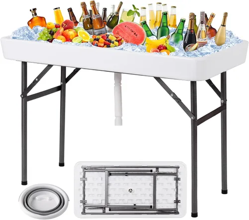 KOTEK Mesa enfriadora de hielo plegable con falda a juego, manguera de drenaje y cubo, servidor plegable para bebidas de bufé, mesa fría portátil